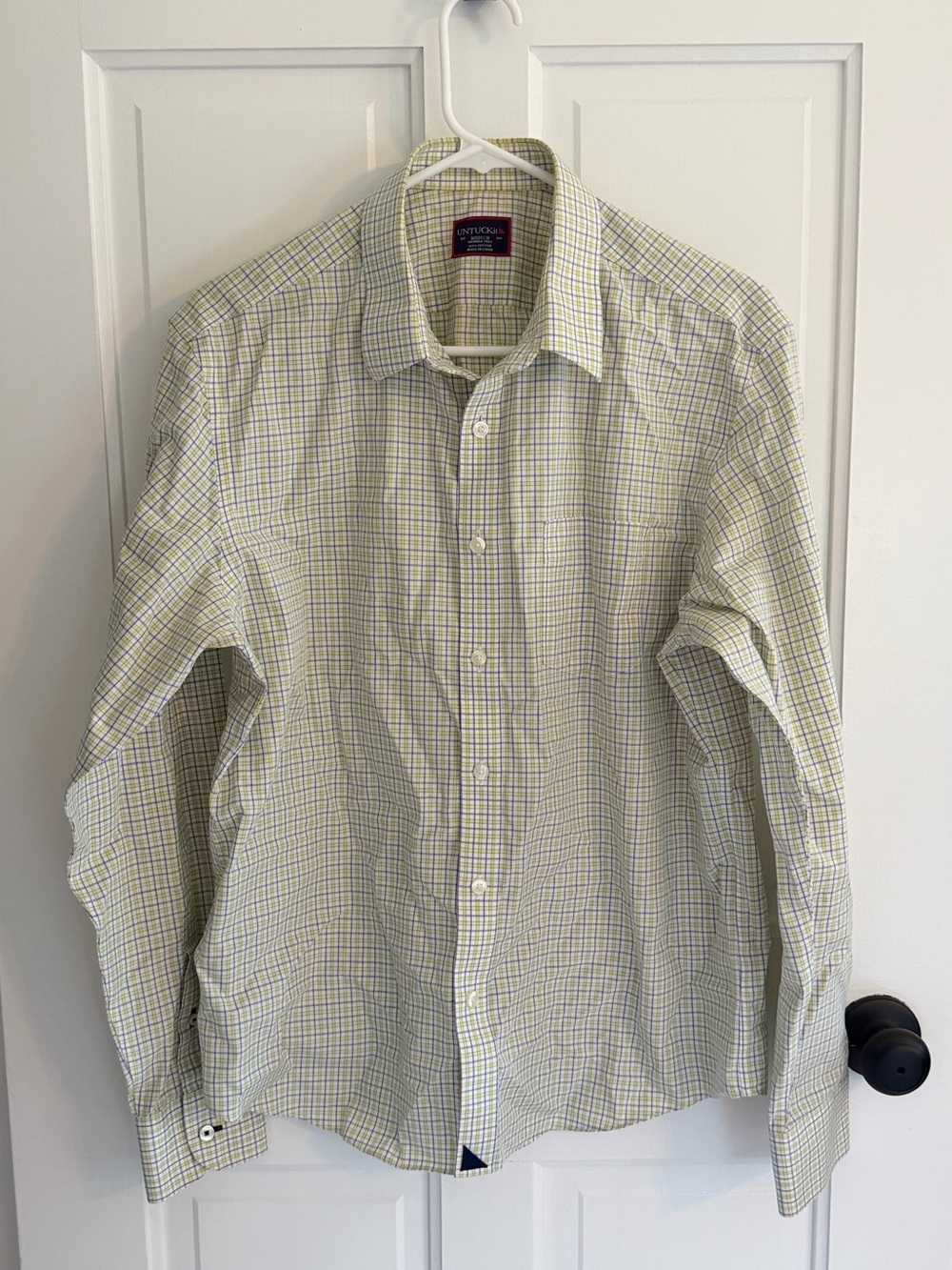 UNTUCKit Men’s Medium Wrinkle Free Cotton Check Button Down Shirt Green Blue